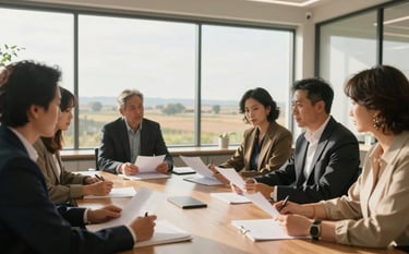 A professional group meeting in a bright, modern office with large windows overlooking a North American rural landscape. The atmosphere is collaborative and serious, featuring people in smart-casual attire discussing documents. Warm natural light fills the room, emphasizing a sense of community and purpose.