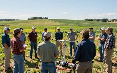 An educational workshop taking place on a sun-drenched North American farm. A diverse group of farmers in practical workwear is gathered around a modern irrigation system, listening to an instructor. The scene is informative and empowering, set against a backdrop of rolling green fields and a clear blue sky.
