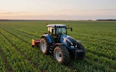 A high-angle photography shot of a modern tractor using precision technology in a vast, lush Canadian field during the golden hour. The composition is clean and forward-thinking, showing the intersection of traditional land stewardship and technological advancement under a soft, hazy sunset.