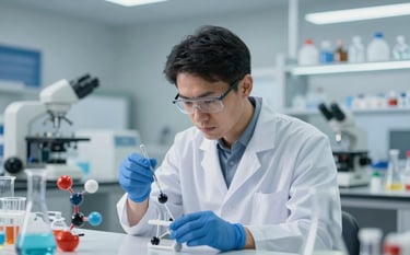 A professional chemist in a clean, modern laboratory setting. The chemist is focused on a precise experiment with glassware and molecular models in the background. The lighting is bright and sophisticated, utilizing the brand palette with hints of #8BAAB7 and #1A2A3A in the equipment and clothing.