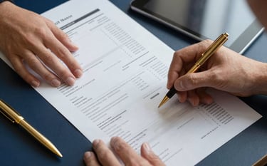 A high-angle close-up of a person's hands reviewing financial reports and a digital tablet on a deep navy surface. Elegant gold pens and accessories are visible, conveying professional financial expertise and trust.
