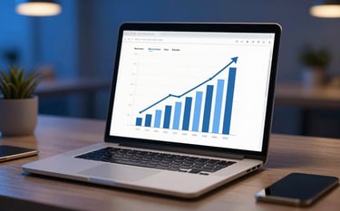 A stylish workspace showing a laptop screen with growth graphs, with soft royal blue and gold ambient lighting. The scene feels innovative and energetic, representing high-growth marketing strategy.