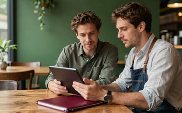 A candid moment in a cozy, sun-drenched restaurant with Matte Forest Green walls. An agency member and a local farmer are looking at a tablet together. A Deep Ripe Crimson folder sits on the wooden table.