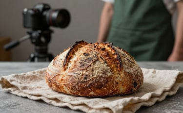 A close-up of a rustic sourdough loaf on a Crisp Parchment-colored linen cloth. In the softly blurred background, a professional camera on a tripod and a Matte Forest Green apron are visible. Soft, atmospheric lighting, professional food photography style.