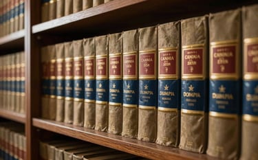 Photography of a stately bookshelf filled with law volumes in a South Asian / Pakistani legal chambers. The lighting is warm and golden, highlighting the deep blue spine of a prominent book, evoking authority and expertise.