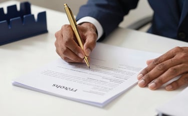A close-up photograph of a professional hand signing a legal sale deed on a clean white desk in a South Asian / Pakistani office. A gold pen and deep blue desk organizer are visible, suggesting precision and trust.