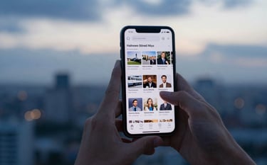 A close-up shot of hands holding a smartphone displaying a social media feed with news updates. The background is a blurred cityscape at sunset, with hints of Midnight Blue and Soft Cloud White light.