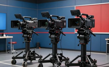 A professional television studio set featuring high-definition cameras on dollies. The background features Steel Blue studio panels and Crimson Red accent lighting. The composition is cinematic and sharp.