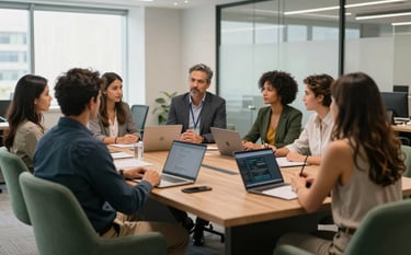 A collaborative meeting in a contemporary Brazilian office space. A group of professionals is engaged in a mentorship session. The lighting is bright and clear, emphasizing a reliable and professional mood. The scene features dark green and sage green office furniture.