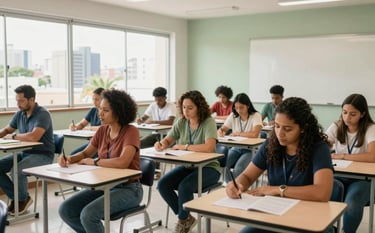 A group of professional adults in a bright, modern classroom in a South American / Brazilian city, engaged in a practical workshop. The atmosphere is warm and inviting with natural light. The interior features clean lines and subtle sage green accents, reflecting a reliable educational setting.
