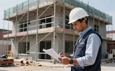 A North American commercial property undergoing restoration after a large-loss event. A professional project manager in a dark blue vest and white hard hat is reviewing documents near a scaffolding-covered exterior. The lighting is clear daylight, and the atmosphere suggests organized, efficient recovery and expert oversight.