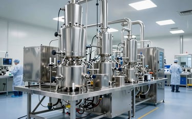 A clean, high-tech pharmaceutical manufacturing facility in North America with stainless steel process systems and bright, sterile lighting. The composition is wide-angle, showing a modern industrial interior with a focus on precision and high standards. Professional staff in clean-room attire are visible in the background, reinforcing a controlled, expert environment.