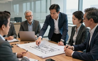 A sophisticated North American corporate boardroom setting where a project representative is presenting detailed architectural blueprints to a group of executives. The composition is focused on the plans and professional interaction, with high-end furniture and soft, natural office lighting in the background, conveying competence and authority.