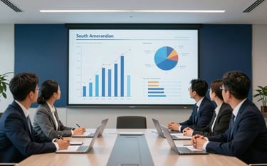 A clean South American corporate conference room with a large screen showing performance charts. Professional staff are discussing metrics. The lighting is bright and clear, emphasizing a professional Deep Navy and White aesthetic.