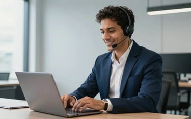 A professional South American person in a modern office wearing a headset, smiling slightly while working on a laptop. The office has a clean, minimalist design with Deep Navy Blue and Light Grey Blue accents. Natural lighting creates a bright, efficient atmosphere.
