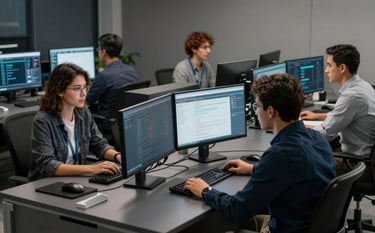 A dynamic Brazilian workspace with several high-tech workstations. Team members are collaborating focused on dual monitor setups. The environment is professional and modern, styled with Dark Grey and Deep Navy tones.