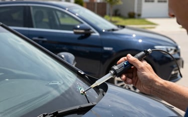 A close-up photograph of a professional technician's hand using a precision resin injection tool on a small windshield chip. The lighting is bright and clear, set in a clean North American suburban driveway during the day. The vehicle is a modern dark blue sedan. The scene feels professional and calm, emphasizing safety and attention to detail.