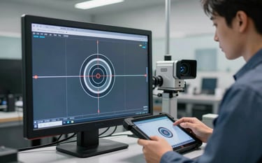 A digital screen in a high-tech workshop setting showing a target alignment graphic for vehicle camera calibration. A North American technician is seen in the background wearing a muted blue uniform, focusing on a handheld diagnostic tablet. The atmosphere is high-tech, modern, and extremely professional.
