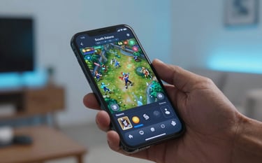 A close-up shot of a smartphone screen displaying a digital card game interface, held by a person in a modern South Asian / Indian home. The room is softly lit with pale blue and sky blue ambient lighting, reflecting a high-tech gaming mood.