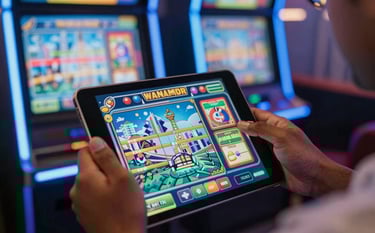 A focused shot of a person's hands using a high-performance tablet in a vibrant South Asian / Indian city apartment. The screen shows a colorful slot machine game. The atmosphere is energized with ocean blue and pale blue neon highlights.