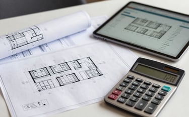 A close-up photograph of detailed architectural blueprints and a professional calculator on a desk. Next to the plans is a modern tablet showing building costs. Soft natural lighting, professional setting in a Western European / French office, emphasizing precision and financial clarity.