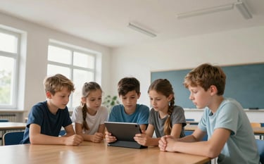 A group of children aged 8 to 12 in a bright, modern classroom in Berlin, focused and calm. They are looking at a tablet together at a wooden table. The room has high ceilings, minimalist decor in off-white and muted blue, and large windows with Central European light. Serious and educational atmosphere.