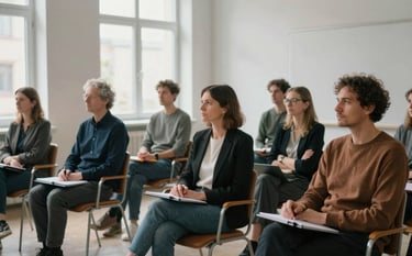 A professional development setting for teachers in Berlin. A group of adults sits in a clean, minimalist seminar room with large windows. They are engaged in a calm, serious discussion with notebooks and tablets. The lighting is soft and natural, reflecting a trustworthy and professional educational environment.