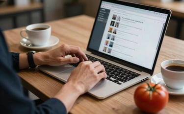 A close-up of a digital marketer's hands at a desk in a cozy Northern European office. They are scheduling social media posts on a laptop next to a cup of coffee and a fresh tomato. Warm, professional atmosphere with dark charcoal and crisp parchment tones.