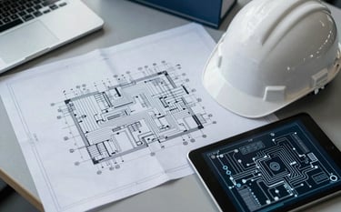 A top-down professional shot of detailed electrical blueprints spread across a clean office desk, accompanied by a white safety helmet and a digital tablet showing a circuit diagram. South American engineering office setting with soft daylight and dark blue accents.