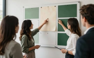 A collaborative strategy session in a stylish North American / Western office, where marketing experts are reviewing brand colors on a mood board that includes crisp parchment and matte forest green, emphasizing a sophisticated yet authentic vibe.