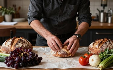 A professional food photographer in a North American / Western rustic restaurant setting, meticulously arranging artisanal bread and heirloom vegetables for a social media shoot. The scene uses soft lighting, crisp parchment textures, and deep ripe crimson highlights from fresh produce.
