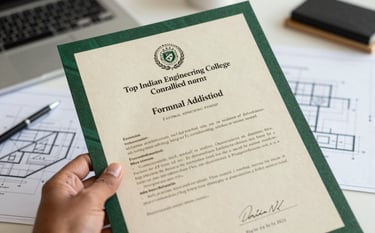 Close-up of a hand holding a formal admission letter for a top Indian engineering college, with a professional desk and architectural blueprints in the background. The lighting is bright and celebratory, incorporating dark forest green and muted green colors.
