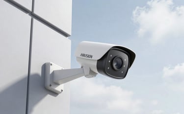 A professional wide-angle shot of a sleek, white Hikvision surveillance camera mounted on a modern building exterior. The lighting is bright and clean, with a clear sky in a soft cloud white. The composition is sharp and professional, highlighting cutting-edge technology.