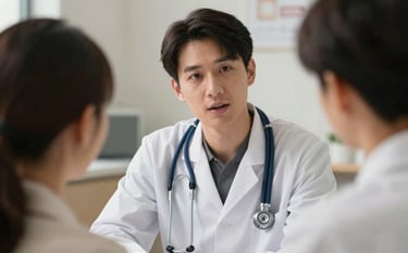 A professional medical provider in a North American / US clinic wearing a dark navy blue stethoscope, speaking with a patient in a warm, clean environment.
