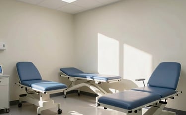 A clean and modern North American / US medical exam room with soft off-white walls and muted steel blue chairs, illuminated by bright, natural daylight.