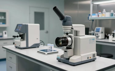 A high-tech North American / US medical diagnostic lab with modern equipment on soft off-white counters and calming muted steel blue wall accents.