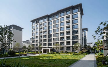 A clean, wide-angle shot of a modern residential complex with manicured gardens. The photography style is professional and bright, using natural lighting. Tones of #5B7C85 are present in the architectural details and the blue sky, conveying order and professional community management.