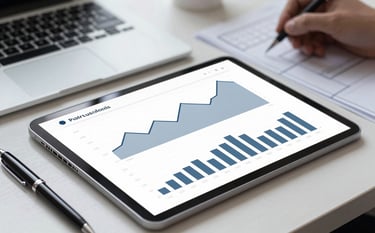 Close-up of a professional desk setup featuring a tablet with financial charts, a stylish pen, and architectural blueprints. The lighting is soft and corporate, utilizing a palette of #2A363B and #AABCBF to emphasize trust, precision, and efficient management.