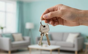 A focused shot of a hand holding a set of house keys with a modern keychain, against a blurred background of a brightly lit contemporary living room. The scene incorporates #F5F8FA and soft teal tones, suggesting clarity and personalized care.