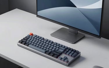 A high-angle photo of a minimalist desk with a mechanical keyboard and a high-resolution monitor. The screen displays an abstract digital interface in shades of slate blue and ice white. No people are visible. Modern, clean, and premium tech aesthetic.