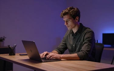 A cinematic shot of a young man working at a sleek, minimalist wooden desk in a modern home office. He is typing on a high-end laptop. The lighting is soft and cinematic, with deep midnight shadows and periwinkle blue highlights on the wall behind him. Professional and tech-centric atmosphere.