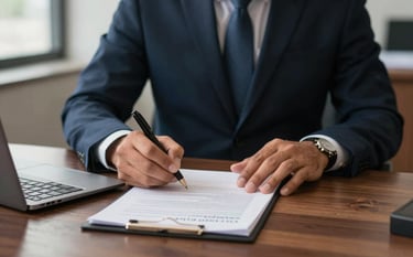 Professional South American / Brazilian legal office setting, a business executive signing a transport contract on a dark wooden table, soft natural lighting, authoritative and modern atmosphere.