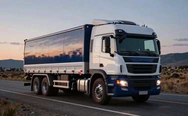 A modern heavy-duty cargo truck traveling on a scenic South American highway at dusk, cinematic lighting highlighting the sleek metallic surface, professional photography with Navy Blue and White color accents.