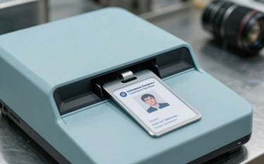 Macro photography of a sleek digital scanner in a high-end restaurant kitchen, capturing the authentication process of a staff badge. Clean professional environment, muted blue and pale aqua tones, International / European & North American context.