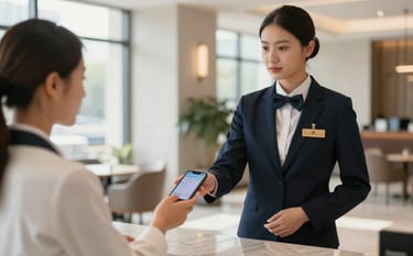 A professional hospitality worker in a modern hotel lobby, presenting a digital identification on a smartphone to a receptionist. Soft natural morning light, International / European & North American setting, featuring a palette of dark navy and off-white.
