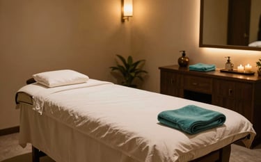 A luxurious spa therapy room in a South Asian / Indian setting with warm, ambient lighting. A massage table is neatly prepared with off-white linens and teal accessories, creating a serene and professional atmosphere.