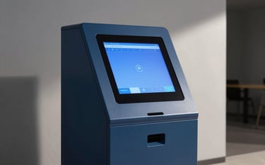 Professional photography of a sleek, modern digital order kiosk in a contemporary interior setting. The design is minimalist with deep steel blue finishes and sharp digital screen clarity.
