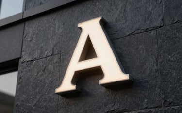 A close-up photograph of a professional 3D illuminated sign mounted on a modern dark slate building facade. The lighting is soft off-white, highlighting the metallic precision and high-quality finish of the logo.