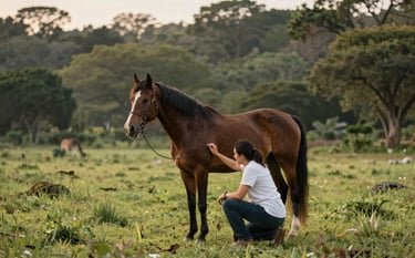 Photography of a therapy session with a horse in a lush meadow in Tequisquiapan, soft golden lighting, forest green trees in the background, serene Mexican / Central American setting, holistic recovery atmosphere.