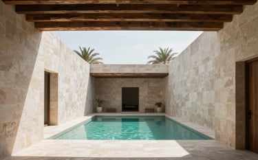 A peaceful sanctuary of reflection with modern Mexican architecture, off-white stone walls, wooden beams, and a view of a tranquil courtyard with turquoise water, serene and professional lighting.